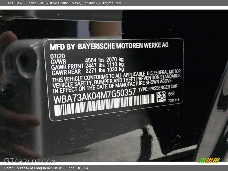 2021 2 Series 228i xDrive Grand Coupe Jet Black Color Code 668