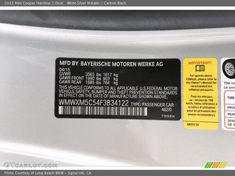 White Silver Metallic / Carbon Black 2015 Mini Cooper Hardtop 2 Door