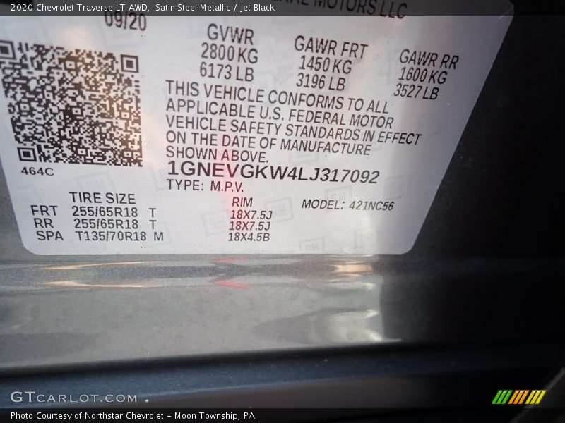 Satin Steel Metallic / Jet Black 2020 Chevrolet Traverse LT AWD
