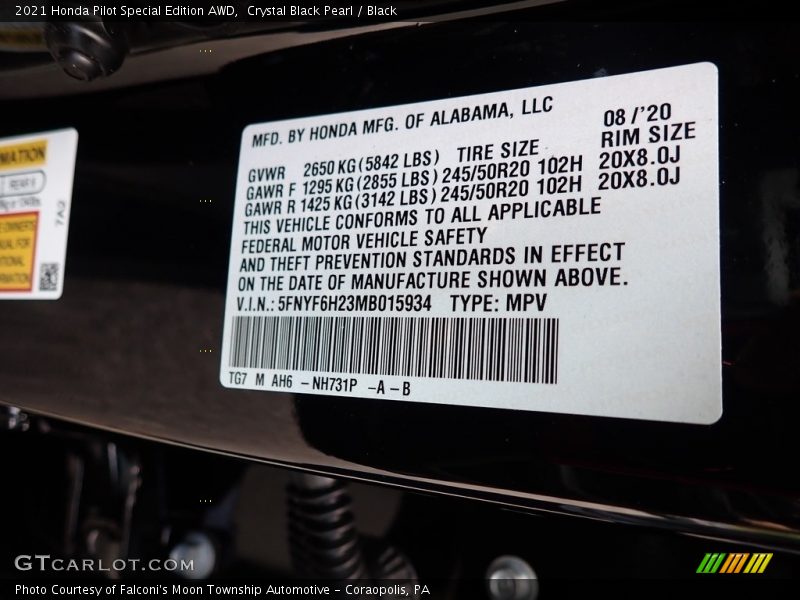 2021 Pilot Special Edition AWD Crystal Black Pearl Color Code NH731P