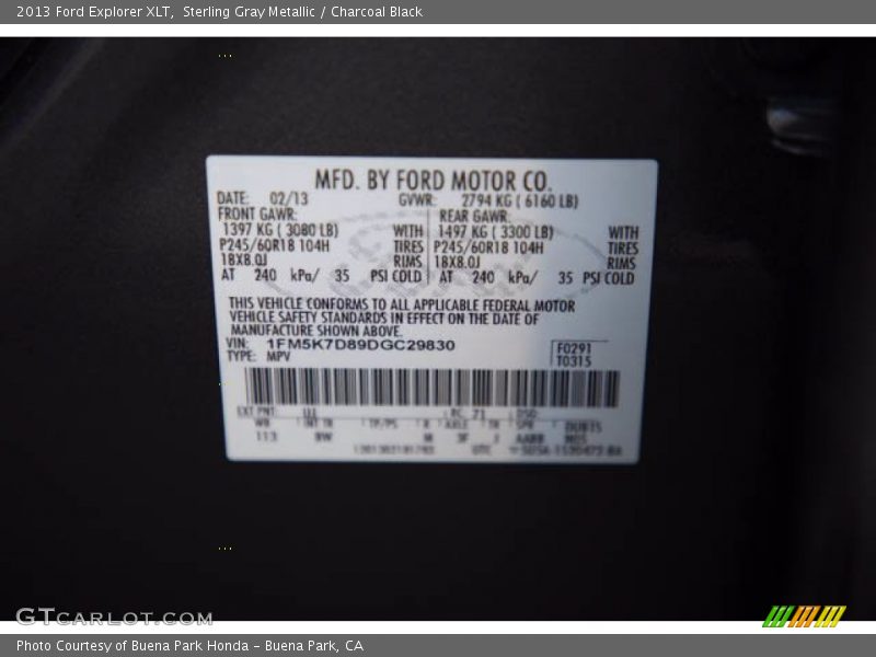 Sterling Gray Metallic / Charcoal Black 2013 Ford Explorer XLT