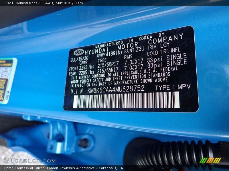 Surf Blue / Black 2021 Hyundai Kona SEL AWD