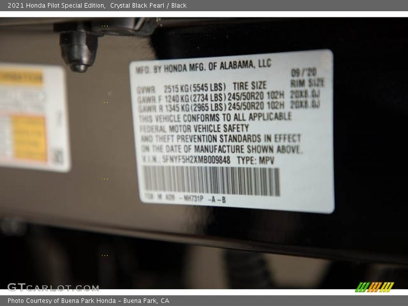 Crystal Black Pearl / Black 2021 Honda Pilot Special Edition