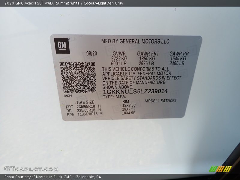 Summit White / Cocoa/­Light Ash Gray 2020 GMC Acadia SLT AWD