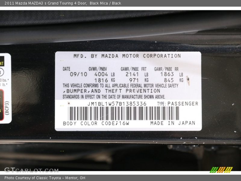 2011 MAZDA3 s Grand Touring 4 Door Black Mica Color Code 16W