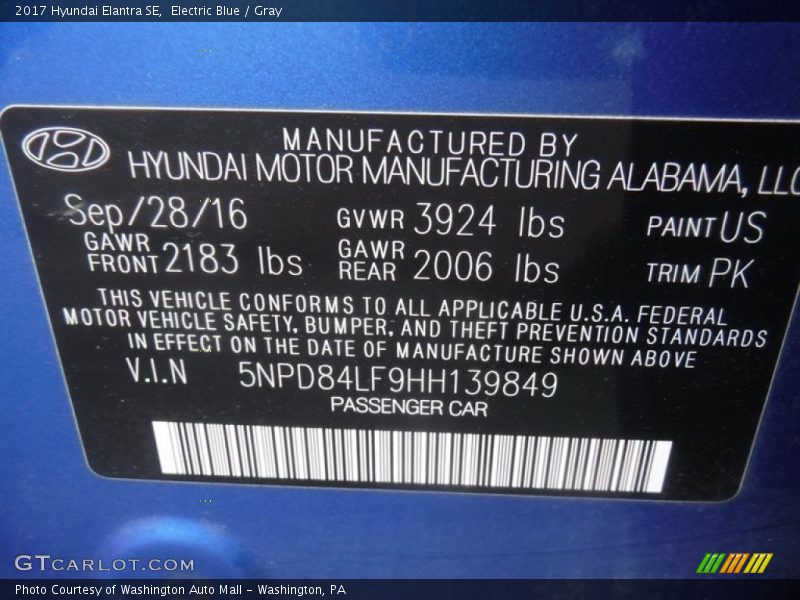 Electric Blue / Gray 2017 Hyundai Elantra SE