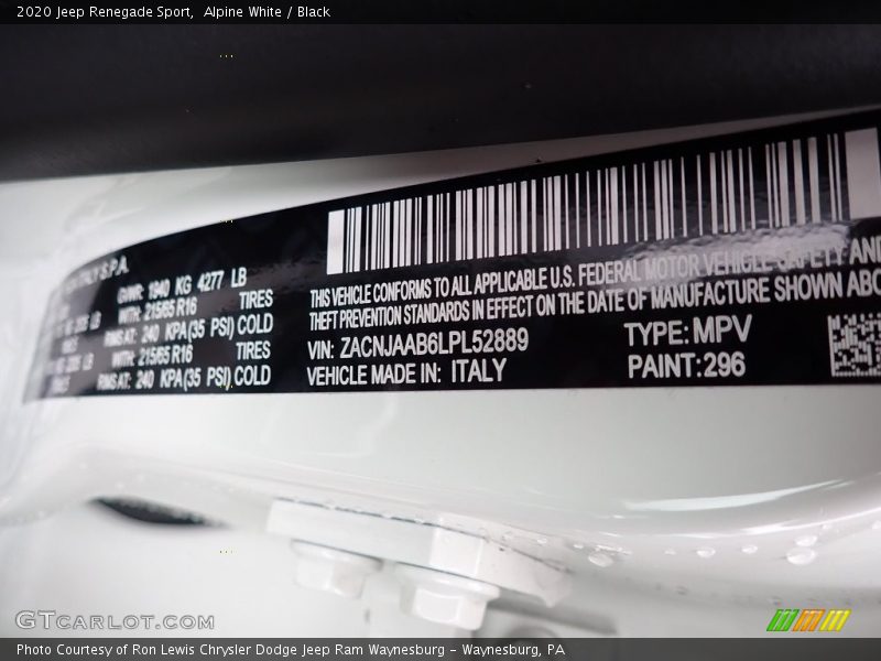 Alpine White / Black 2020 Jeep Renegade Sport