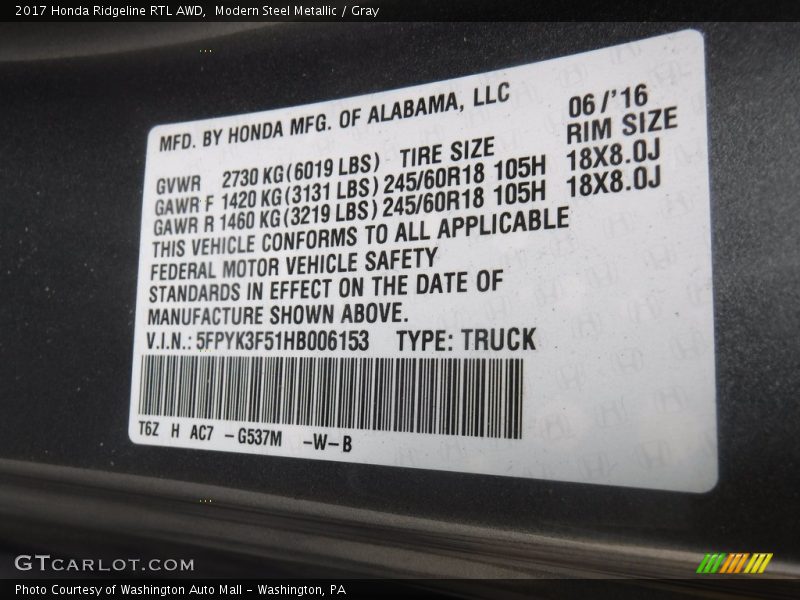 Modern Steel Metallic / Gray 2017 Honda Ridgeline RTL AWD