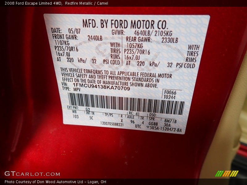 Redfire Metallic / Camel 2008 Ford Escape Limited 4WD