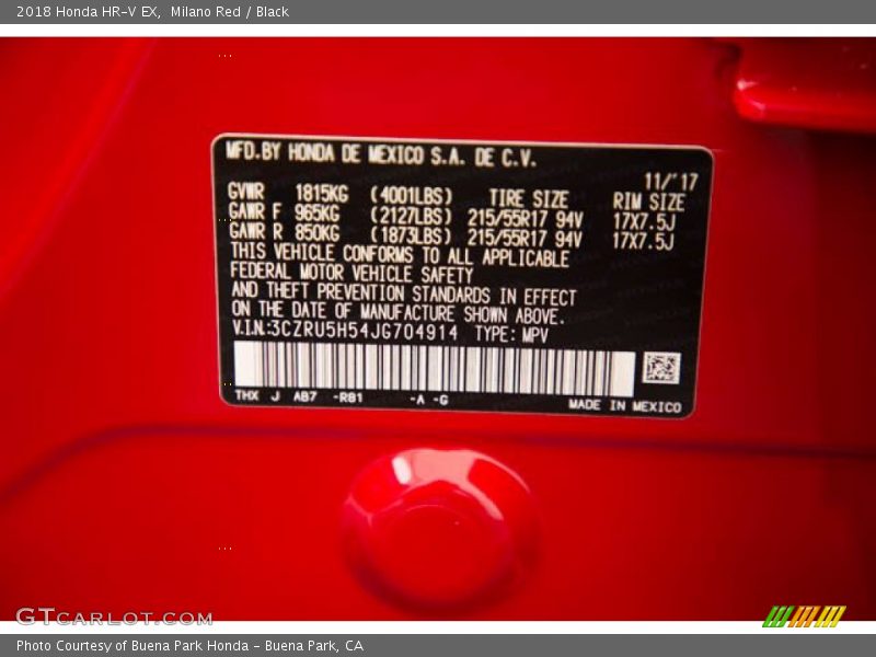 Milano Red / Black 2018 Honda HR-V EX