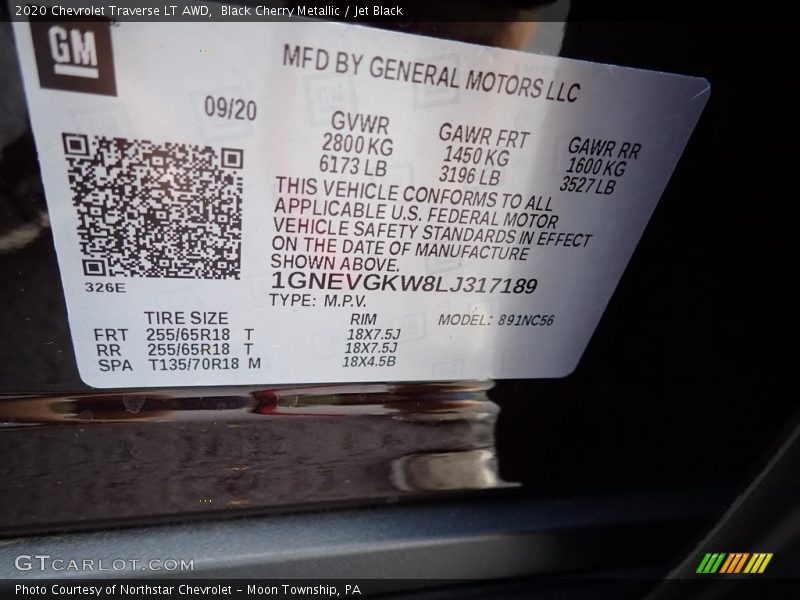 Black Cherry Metallic / Jet Black 2020 Chevrolet Traverse LT AWD