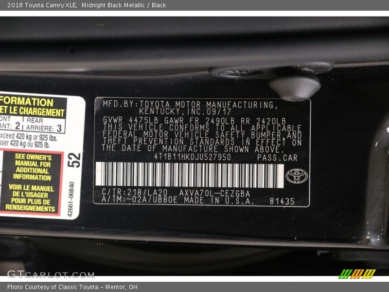 Midnight Black Metallic / Black 2018 Toyota Camry XLE