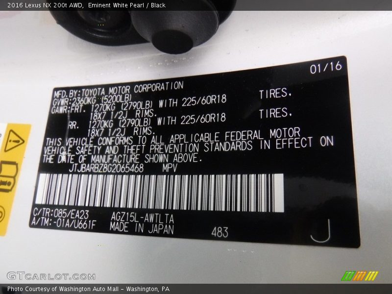 Eminent White Pearl / Black 2016 Lexus NX 200t AWD