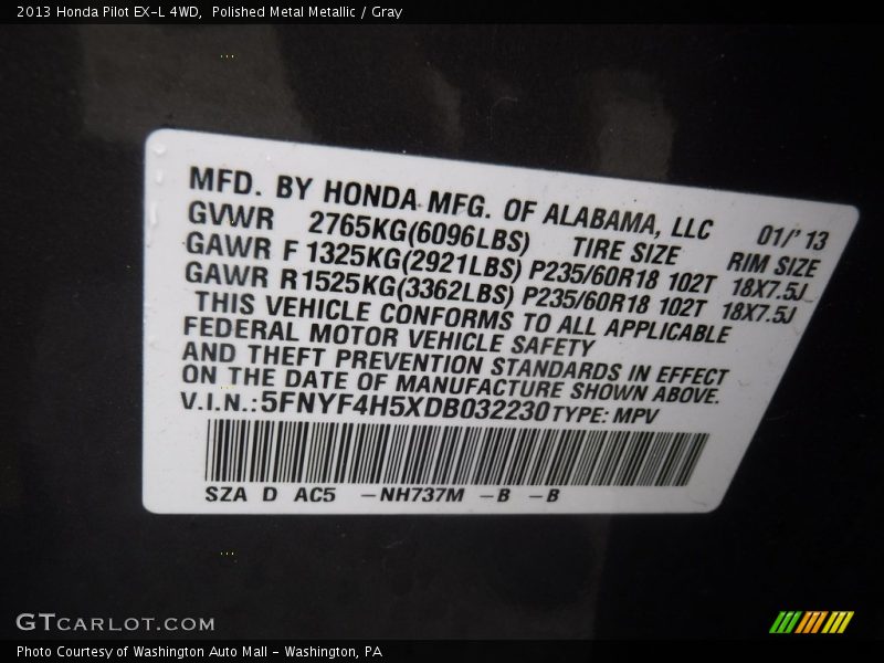 Polished Metal Metallic / Gray 2013 Honda Pilot EX-L 4WD