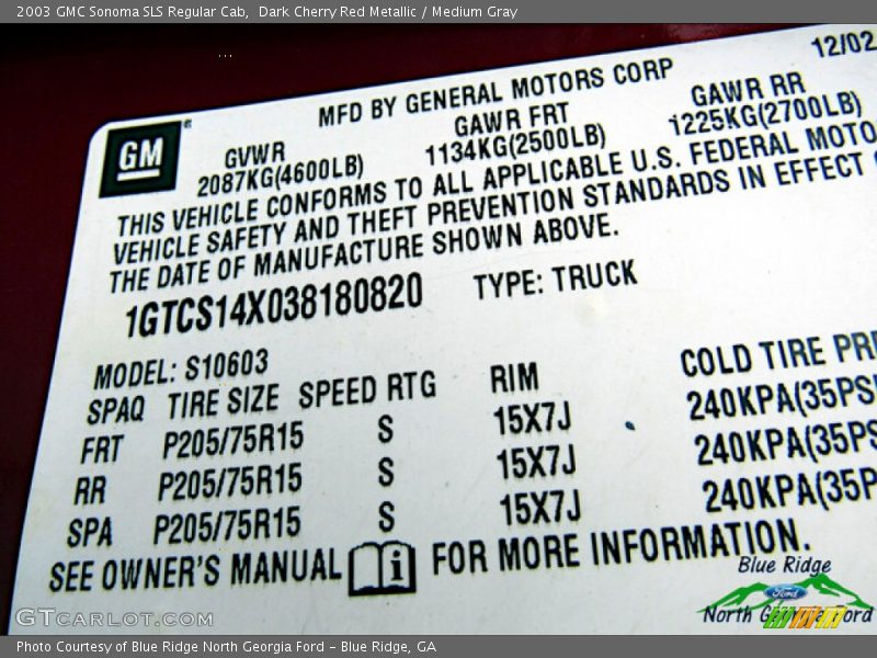 Dark Cherry Red Metallic / Medium Gray 2003 GMC Sonoma SLS Regular Cab