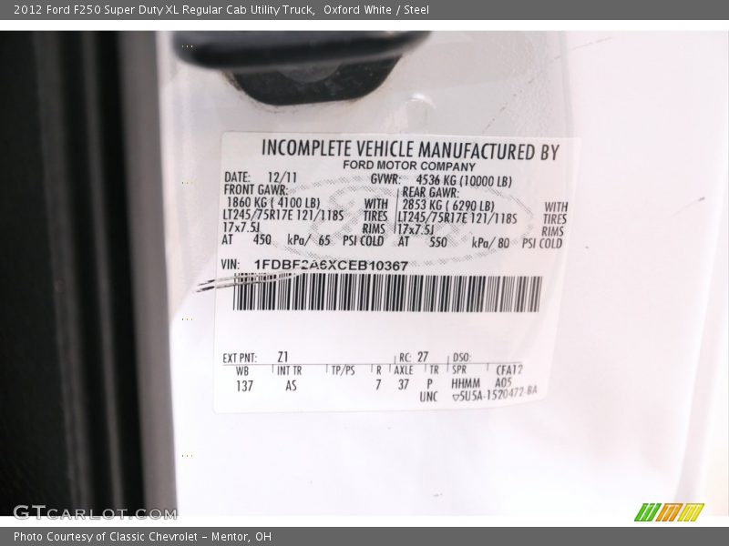 Oxford White / Steel 2012 Ford F250 Super Duty XL Regular Cab Utility Truck
