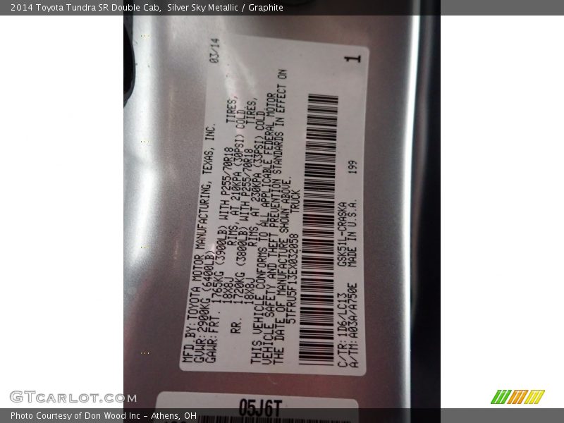 2014 Tundra SR Double Cab Silver Sky Metallic Color Code 1D6