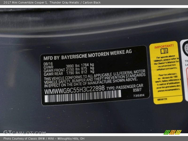 Thunder Gray Metallic / Carbon Black 2017 Mini Convertible Cooper S
