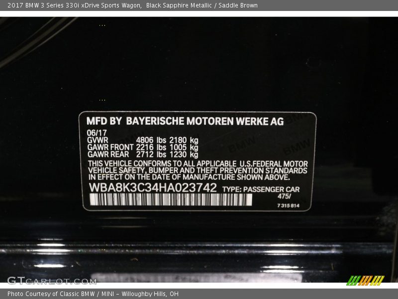 2017 3 Series 330i xDrive Sports Wagon Black Sapphire Metallic Color Code 475