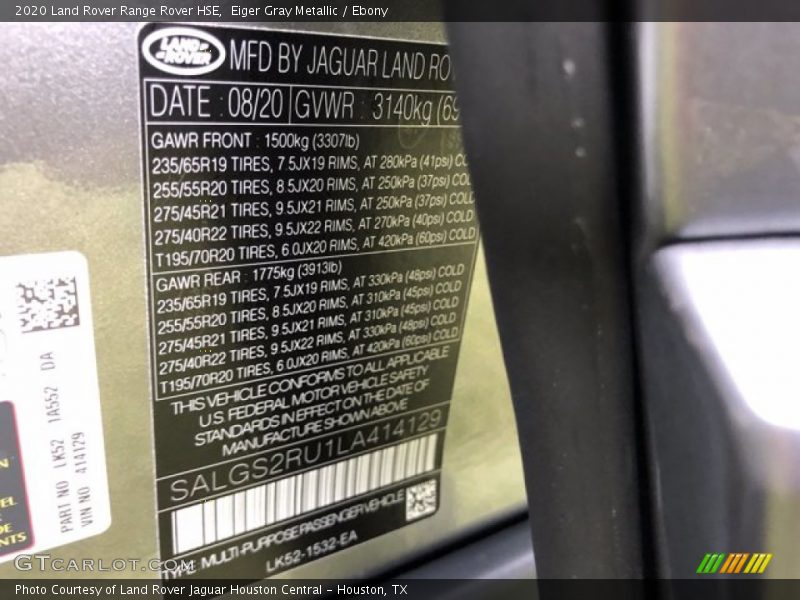 Eiger Gray Metallic / Ebony 2020 Land Rover Range Rover HSE