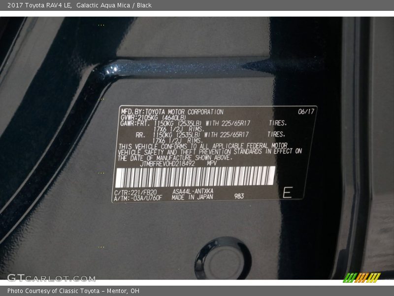 Galactic Aqua Mica / Black 2017 Toyota RAV4 LE