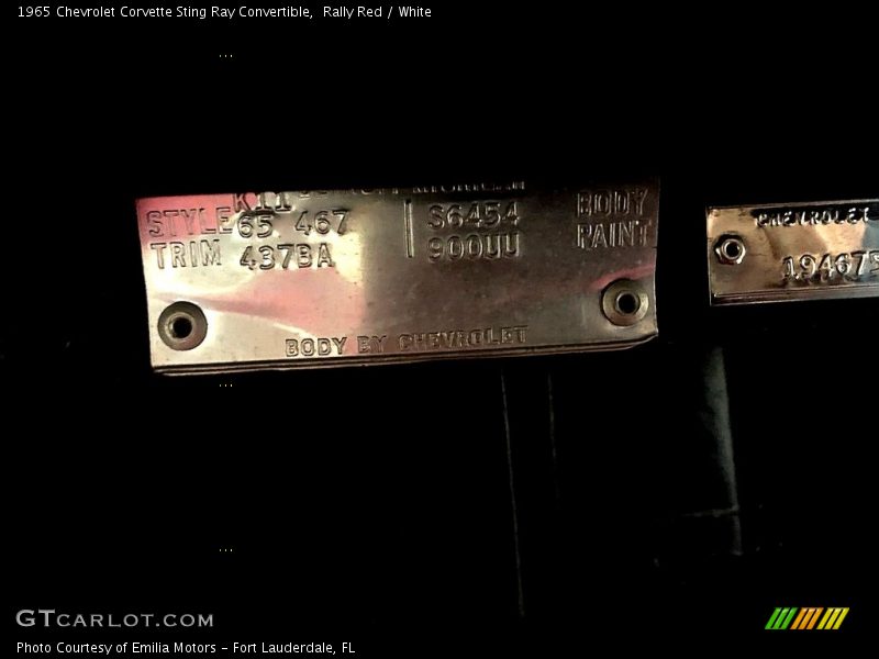 Info Tag of 1965 Corvette Sting Ray Convertible