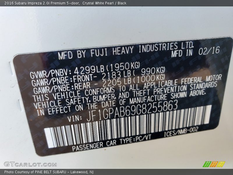Crystal White Pearl / Black 2016 Subaru Impreza 2.0i Premium 5-door