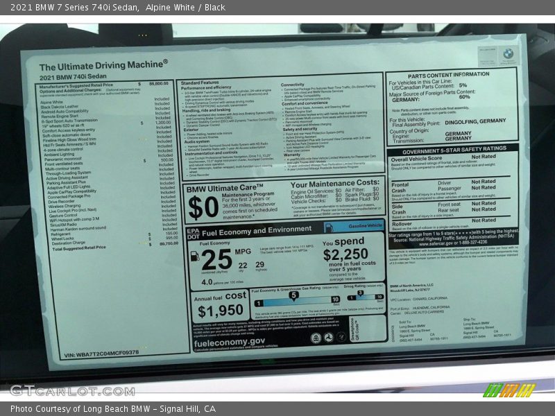  2021 7 Series 740i Sedan Window Sticker