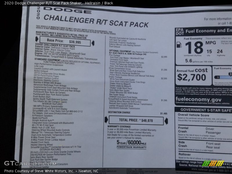  2020 Challenger R/T Scat Pack Shaker Window Sticker