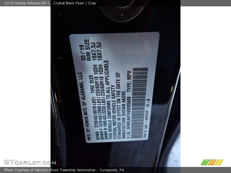 Crystal Black Pearl / Gray 2019 Honda Odyssey EX-L