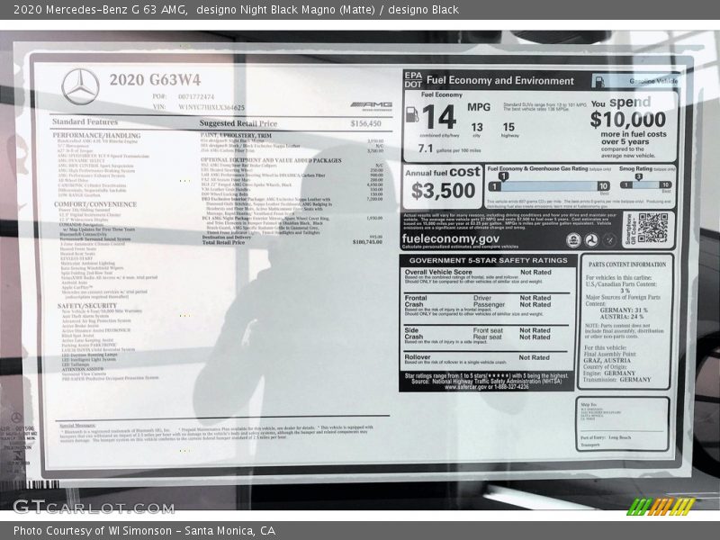  2020 G 63 AMG Window Sticker