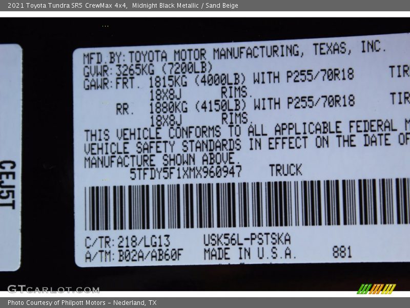 2021 Tundra SR5 CrewMax 4x4 Midnight Black Metallic Color Code 218