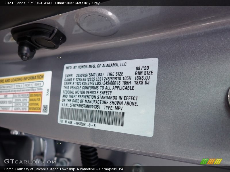2021 Pilot EX-L AWD Lunar Silver Metallic Color Code NH830M