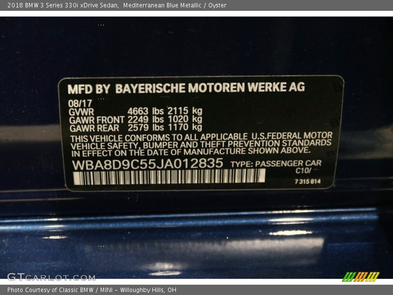 Mediterranean Blue Metallic / Oyster 2018 BMW 3 Series 330i xDrive Sedan