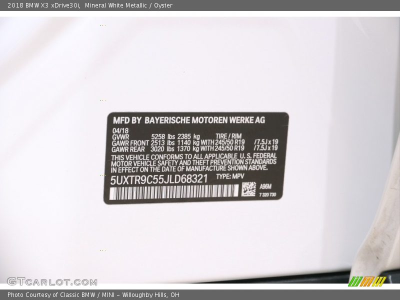 Mineral White Metallic / Oyster 2018 BMW X3 xDrive30i