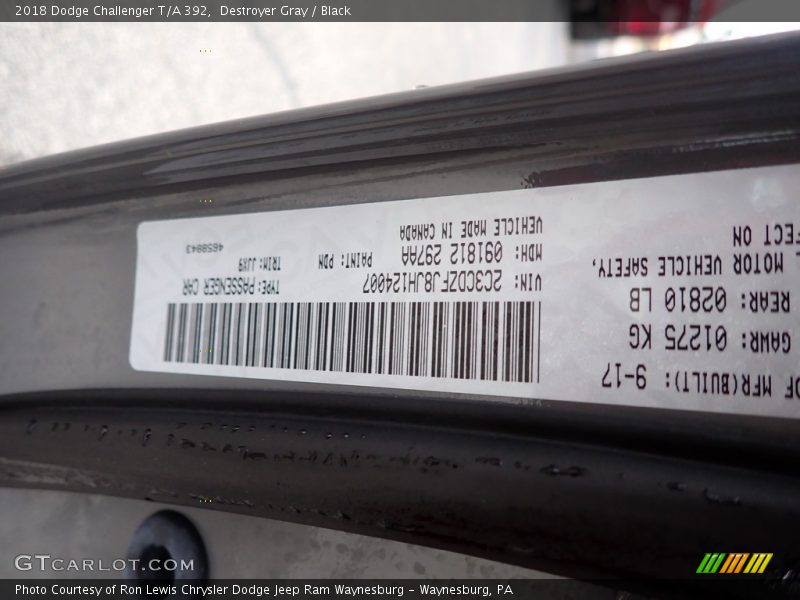 Destroyer Gray / Black 2018 Dodge Challenger T/A 392