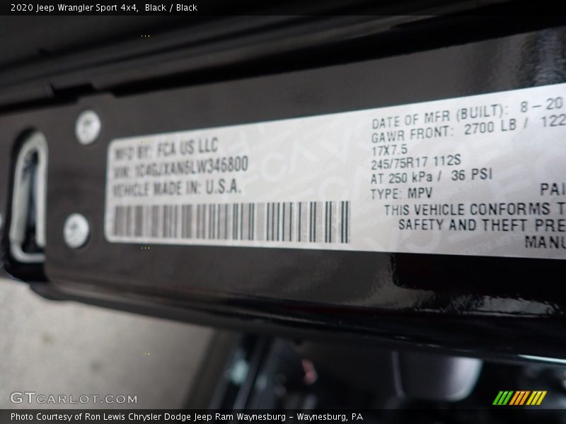 Black / Black 2020 Jeep Wrangler Sport 4x4