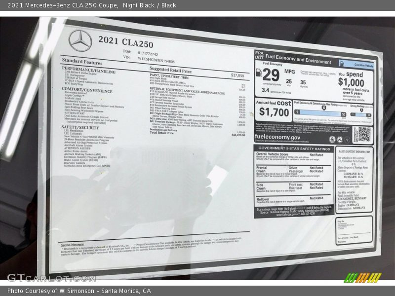  2021 CLA 250 Coupe Window Sticker