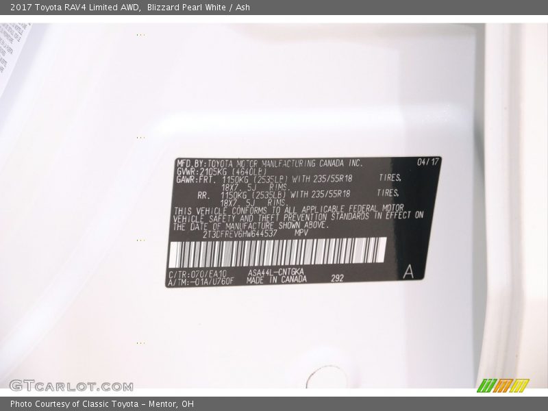 Blizzard Pearl White / Ash 2017 Toyota RAV4 Limited AWD