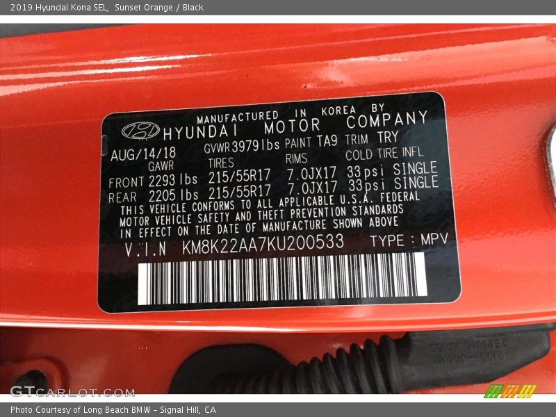 Sunset Orange / Black 2019 Hyundai Kona SEL