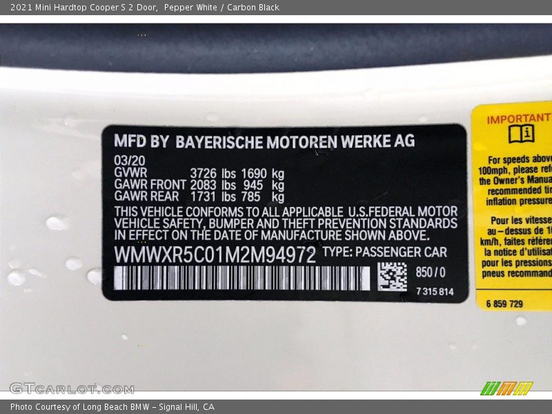 2021 Hardtop Cooper S 2 Door Pepper White Color Code 850