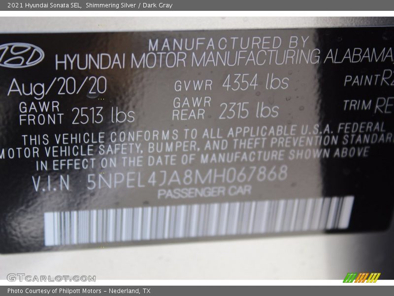 Shimmering Silver / Dark Gray 2021 Hyundai Sonata SEL