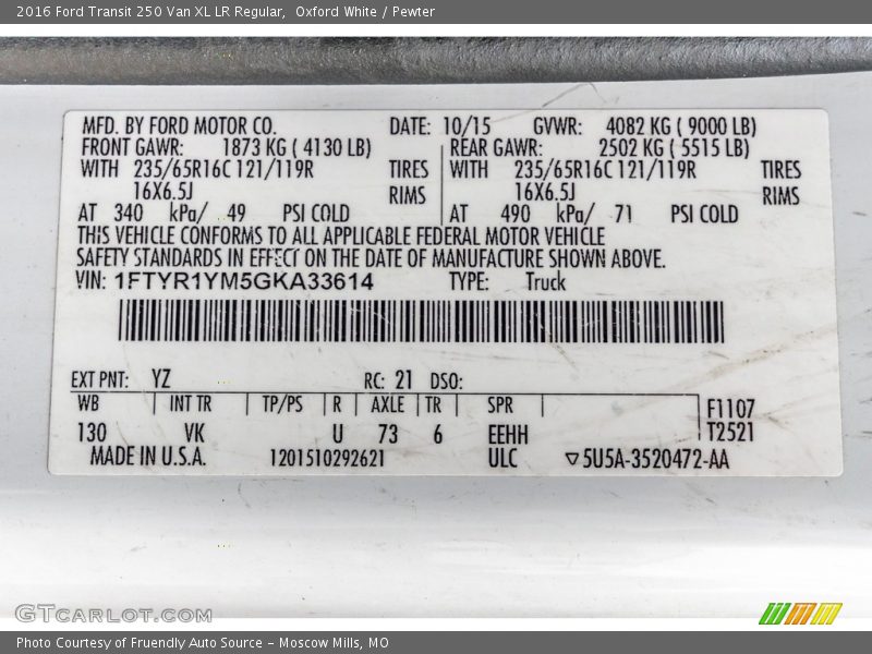 2016 Transit 250 Van XL LR Regular Oxford White Color Code YZ