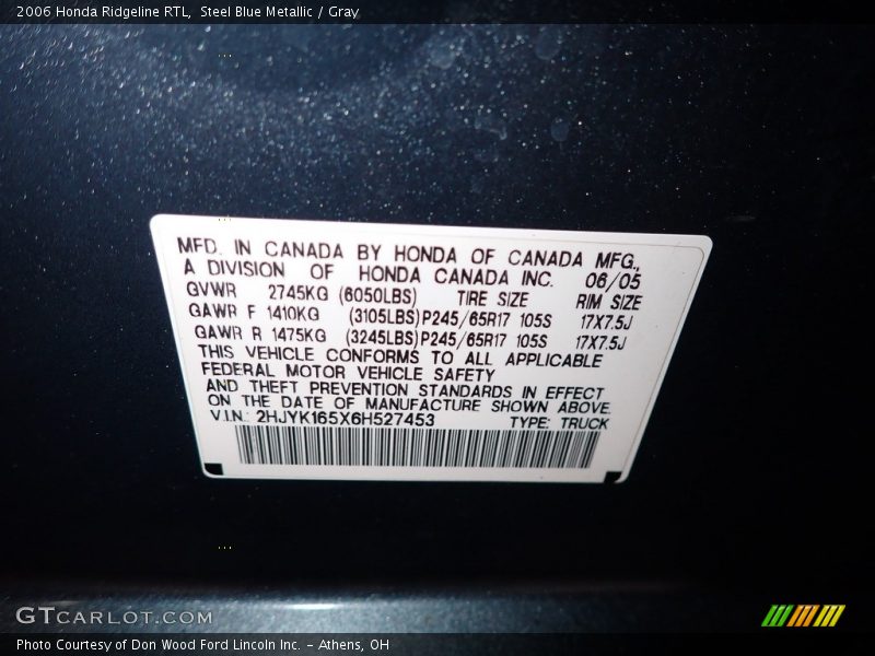 Steel Blue Metallic / Gray 2006 Honda Ridgeline RTL