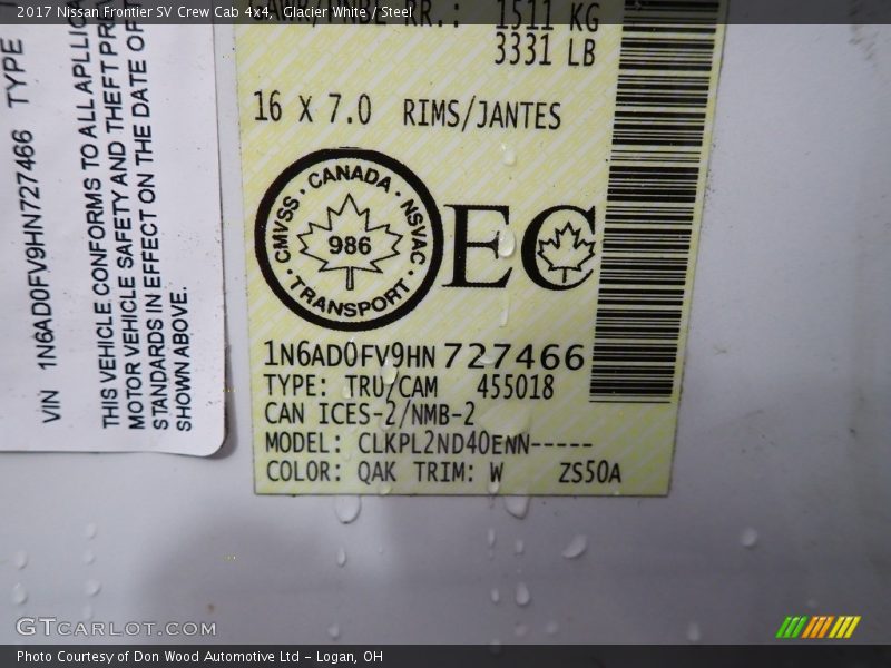 2017 Frontier SV Crew Cab 4x4 Glacier White Color Code QAK