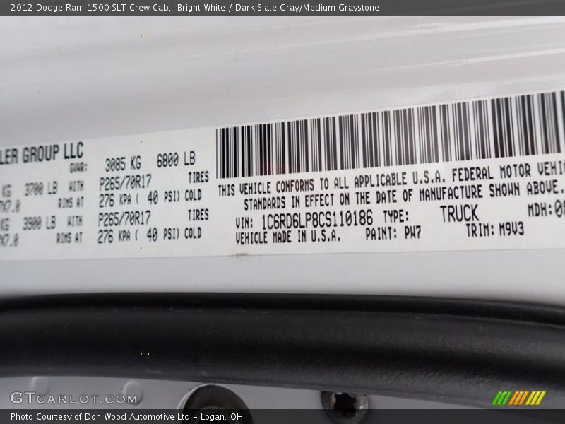 2012 Ram 1500 SLT Crew Cab Bright White Color Code PW7