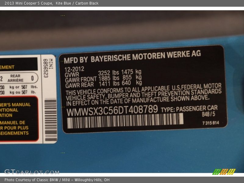 2013 Cooper S Coupe Kite Blue Color Code B48
