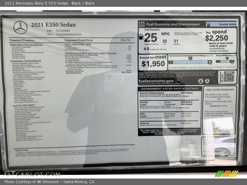  2021 E 350 Sedan Window Sticker
