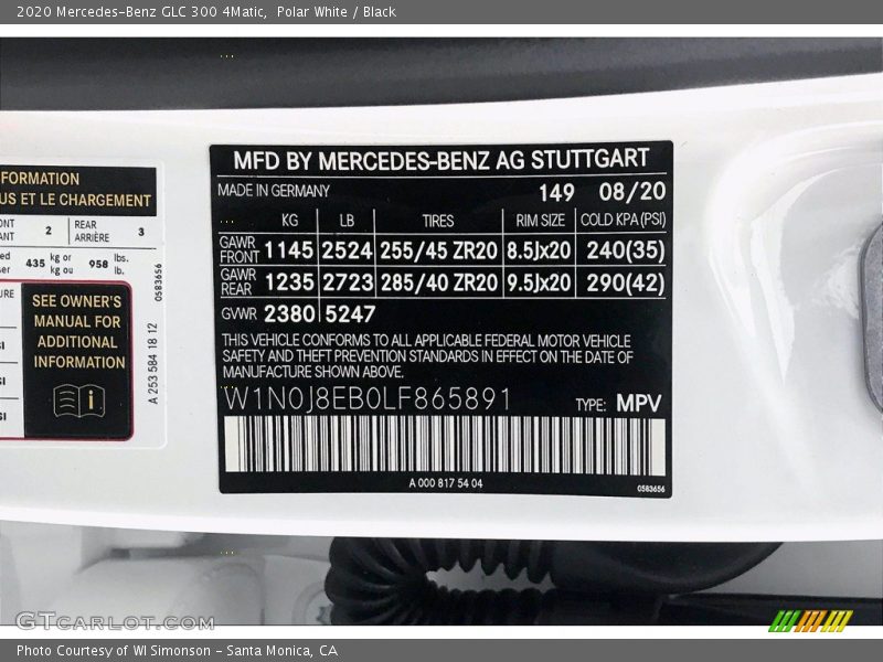 2020 GLC 300 4Matic Polar White Color Code 149