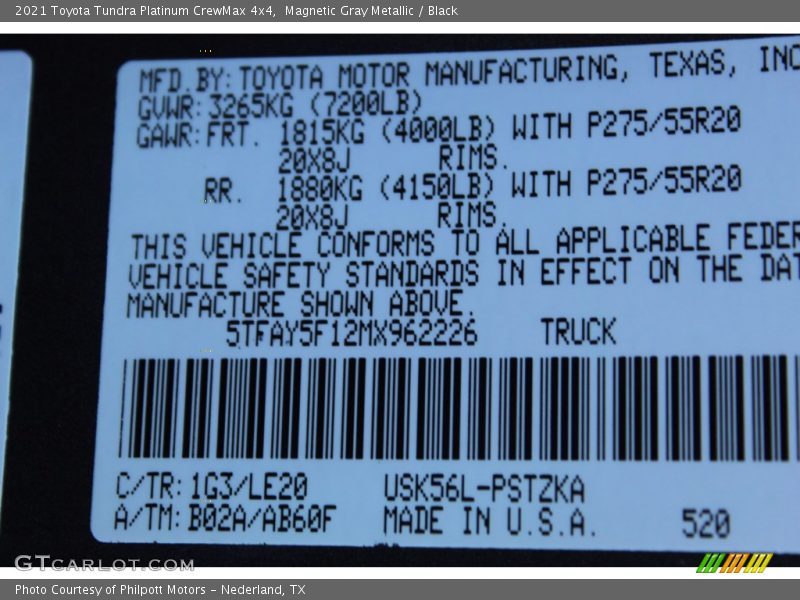 2021 Tundra Platinum CrewMax 4x4 Magnetic Gray Metallic Color Code 1G3